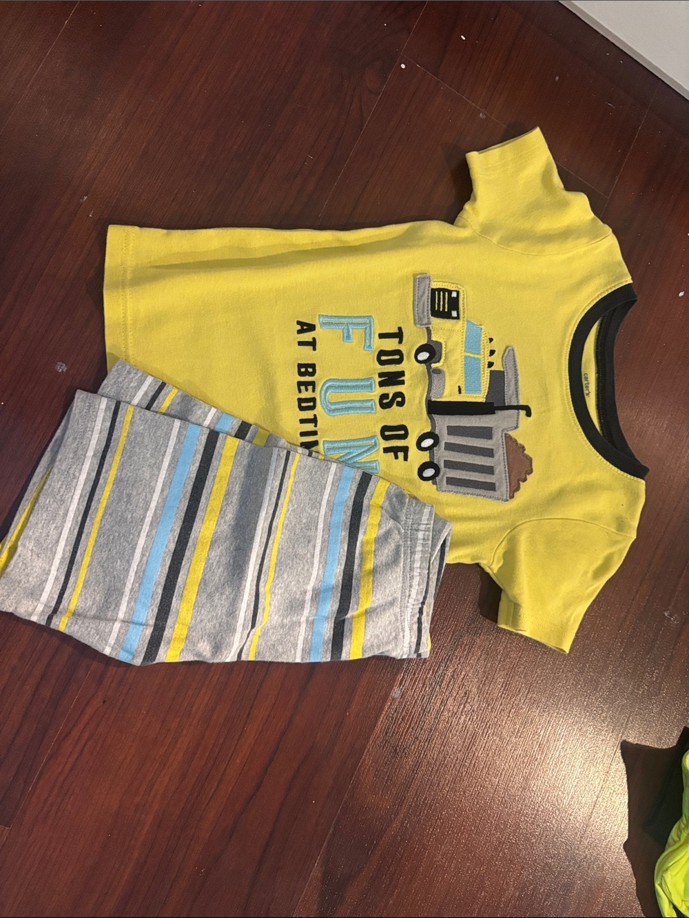 Yellow Truck Pajama Set with Striped Pants